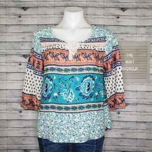 Roxy Floral/Paisley Split Neck Boho Blouse Top (Sz Small)